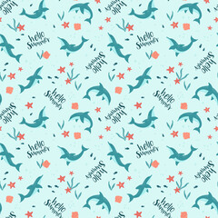 Cute dolphin seamless pattern, lovely hand drawn summer background. Great for summer textiles, banners, wallpapers, wrapping - vector design