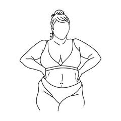 Fat woman in bikini or underwear. Obese girl outline sketch. Body positive, overweight, plus size concept. Vector illustration.