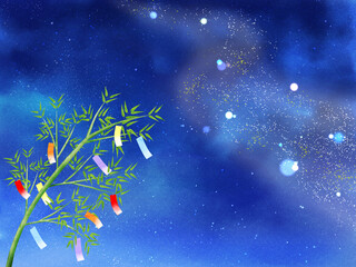 夜空に流れる天の川と短冊が揺れる笹（ヨコ）