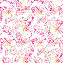 Hibiscus flower seamless pattern. Hand drawn sketch style. Line art. Mallow Chinese Rose. Herbal tea. Hawaii. Tropical background for paper, textile, wrapping and wallpaper.