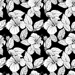 Hibiscus flower seamless pattern. Hand drawn sketch style. Line art. Mallow Chinese Rose. Herbal tea. Hawaii. Tropical background for paper, textile, wrapping and wallpaper.