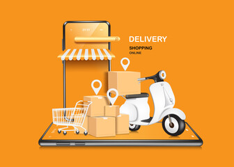 Motorbikes or scooters park next to parcel boxes and shopping carts to deliver products to customers from their online purchases,vector 3d isolated for shopping online and delivery concept design