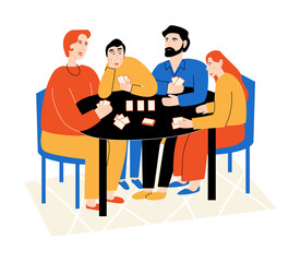 Family hobby. Home pastime. Mother, father, and kids playing a card game. Vector flat illustration on white background