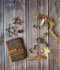 witchcraft book, gemstones minerals. Magical items for home protection, magic esoteric ritual....