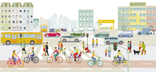 Stadtlandschaft mit Straßenverkehr und Fußgänger, Illustration	