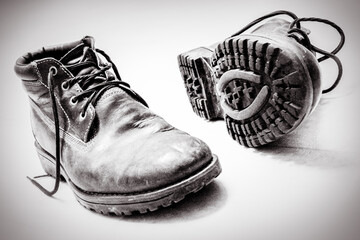 A tough old pair of leather walking boots shot at an interesting angle