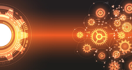 Engineered gear pattern with glowing halo, tech-style orange background. EP.7.