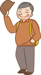 リュックを背負い、挨拶する元気な高齢の男性。