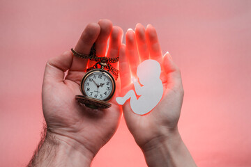 Parents palms pressed together and keep paper embryo with clock. Pastel pink background. Soft focus