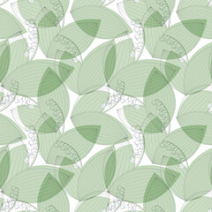 Black silhouette of a lily of the valley with a colored shadow. Seamless pattern