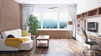 concept of small apartment with white cabinets and wooden floor