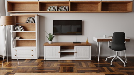 comfortable small room with white cabinets and wooden floor