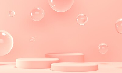 Three podiums for cosmetics on a pink background with transparent flying bubbles. Backdrop design for product promotion. 3d rendering