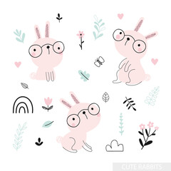 Cute little rabbits with glasses collection and floral elements for decoration. Can be used for greeting cards, baby shower invitations. Vector illustration for kids.
