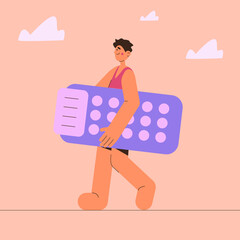 Vector illustration in a flat style. A man with an inflatable mattress is resting at the sea. Cheerful young guy on vacation on the beach.