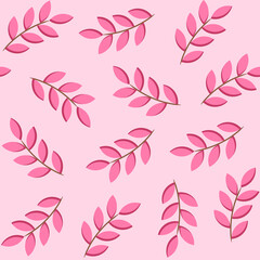 Pink foliage seamless pattern. Branches with leaves on pink background. Trendy flat style, floral decoration and backgrounds. Vector illustration