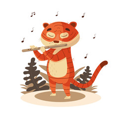 Vector illustration with cute animal playing musical instrument. Cartoon happy tiger playing the flute. Music and mascots for kids concept.