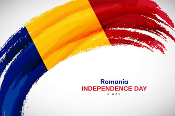 Happy independence day of Romania with watercolor brush stroke flag background with abstract watercolor grunge brush flag - obrazy, fototapety, plakaty