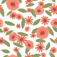 Hand drawn floral vector seamless pattern isolated on white background. Simple abstract flowers bloom, leaves. Trendy blossom print design for textile, wallpaper. Cartoon botanical fabric print design