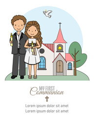 My first communion card. Girl and boy with candles in front of the church