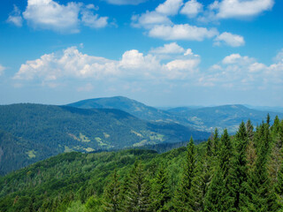 Fototapeta na wymiar Wonderful view from the Vysoky Verkh Mountain. Tourist complex Zakhar Berkut, Carpathians, Ukraine