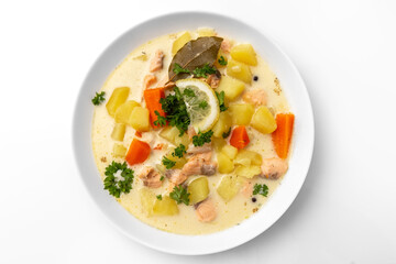 Traditional Finnish Salmon Soup. White background. Healthy food. High quality photo