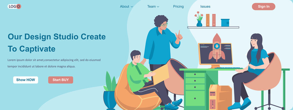 Our Design Studio Create To Captivate web banner concept. Design team working on project in office, startup advertising landing page template. Vector illustration with people characters in flat design