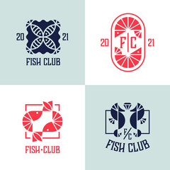 Set of vector geometric sea food, ocean products, fish and shrimps' symbols.