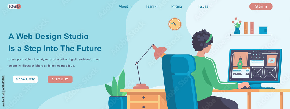 Poster Web Design Studio Is a Step Into The Future banner concept. Designer creates layout of site, makes website at office landing page template. Vector illustration with people characters in flat design