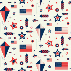 Seamless pattern with US flag, kite and firework. Texture with american symbols in flat style.