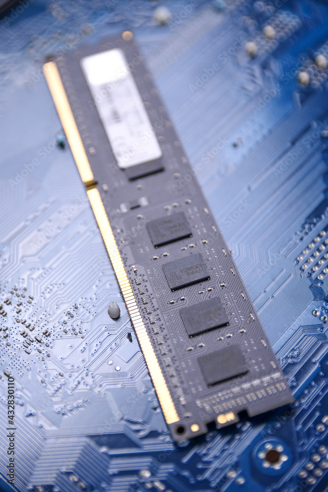 Poster Computer memory RAM on motherboard background . Close up. system, main memory, random access memory, onboard, computer detail. Computer components . DDR3. DDR4. DDR5