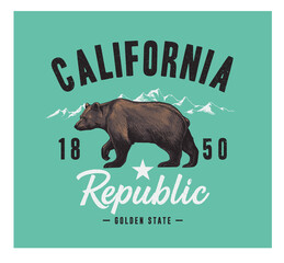 California typography with grizzly bear- vector illustration for t-shirt - obrazy, fototapety, plakaty