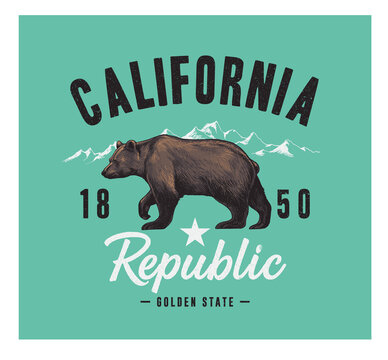 California typography with grizzly bear- vector illustration for t-shirt
