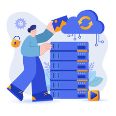 Cloud storage concept. Man uses Internet storage services scene. Servers racks, online databases, networks, software, analytics, security. Vector illustration with people character in flat design