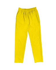 Comfortable pants color yellow front view on white background
