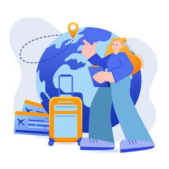 Travel agency concept. Tour operator helps choose vacation trip scene. World tourism, travel with luggage, vacation at resort, adventure. Vector illustration with people character in flat design
