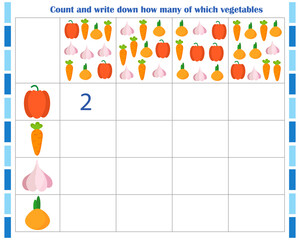  Logic game for children. Count and write down how many vegetables