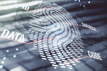 Double exposure of virtual creative fingerprint hologram on shiny metal background, protection of personal information concept