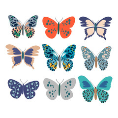 Set of multi-colored butterflies. Vector illustration on white background. 