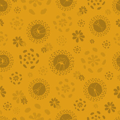 Vector monochrome ocher yellow flowers and beetles seamless pattern background. Lots of decorative elements with a vintage look. Perfect for fabric, wallpaper, scrapbooking and other fun projects. 