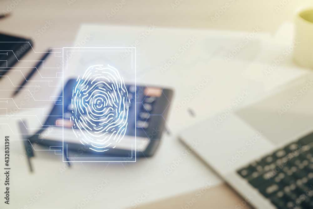 Aufkleber Multi exposure of virtual graphic fingerprint sketch on blurry calculator and computer background, fingerprint scan data concept