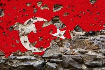 Concept of the Political Situation in Turkey with a damaged painted flag on a cracked wall with wholes. 3D-Illustration. 3D-rendering