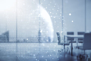 Abstract creative world map interface on a modern conference room background, international trading concept. Multiexposure