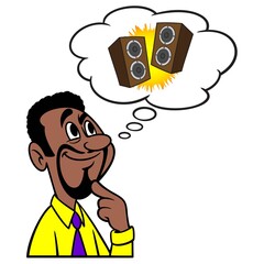 Man thinking about Stereo Speakers - A cartoon illustration of a man thinking about Stereo Speakers.