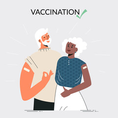 Senior elderly couple after vaccine injection. Time to vaccinate Vaccination concept. Social health care companies poster. Grandparents with bandage on the shoulder. Flat vector cartoon illustration - obrazy, fototapety, plakaty