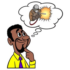 Man thinking about Welding School - A cartoon illustration of a man thinking about going to Welding School.