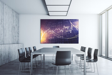 Abstract financial diagram on presentation monitor in a modern boardroom, banking and accounting concept. 3D Rendering