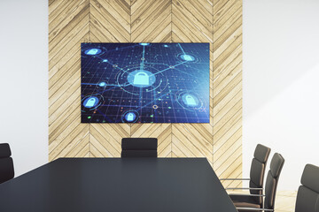 Creative lock hologram and chip on presentation tv screen in a modern meeting room. Information security concept. 3D Rendering