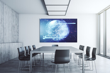 Abstract software development hologram and world map on presentation tv screen in a modern meeting room, global research and analytics concept. 3D Rendering