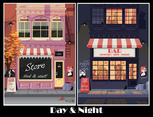 Old city street, two illustration of day and night landscape. People have fun in bar. Vector illustration - 432832545